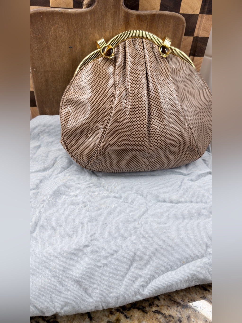 Vintage Judith Leiber Karung Lizard Leather Kiss Lock Hobo Shoulder Bag Italy